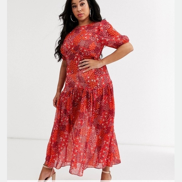 Asos Curve 14 Never Fully Dressed red floral print dress - Picture 2 of 12